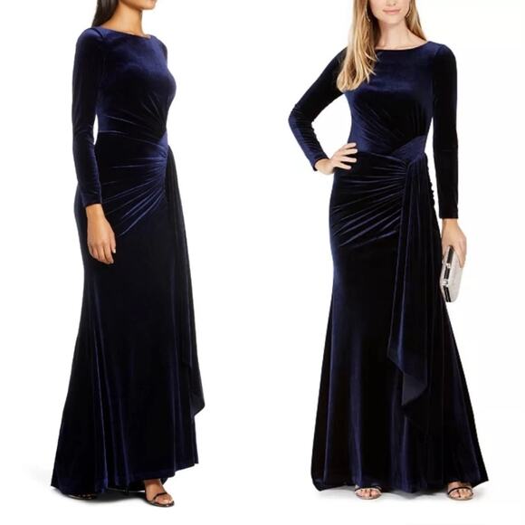 Vince Camuto Size 8 Maxi Dress Gown Midnight Blue Velvet Draped Formal Holiday - Picture 1 of 12